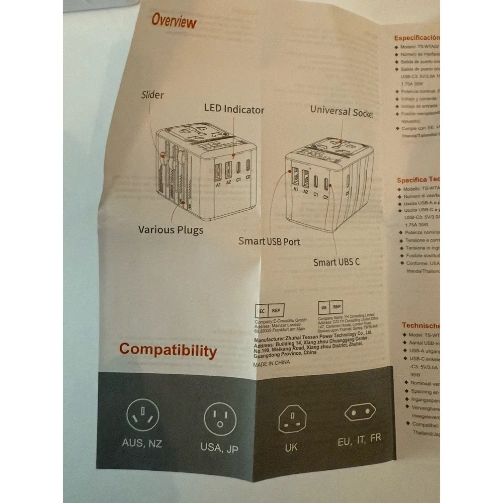 TESSAN Universal Travel Adapter, White - New In Box M/N:TS -WTA02